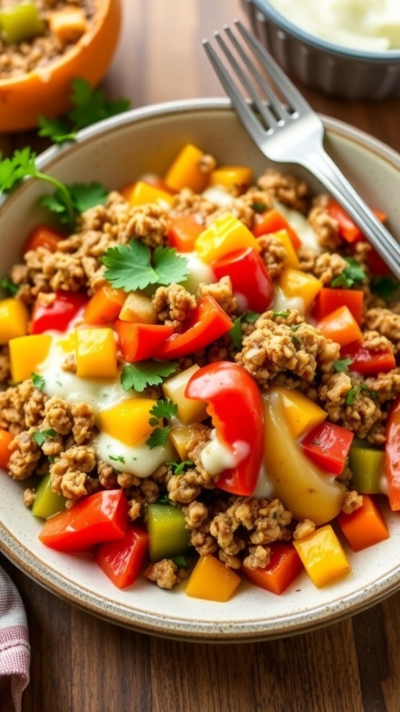 Low Carb Unstuffed Bell Peppers Recipe A plate of unstuffed bell peppers with ground meat, diced vegetables, and cheese, garnished with parsley.